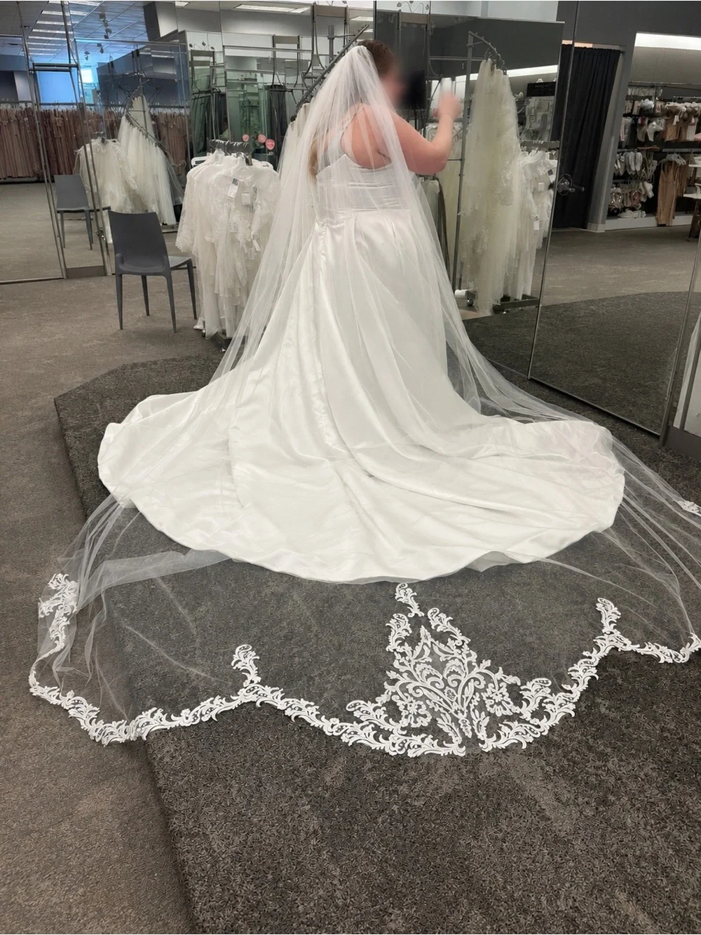 David's Bridal White Cathedral Veil with Lace Appliqué Hem